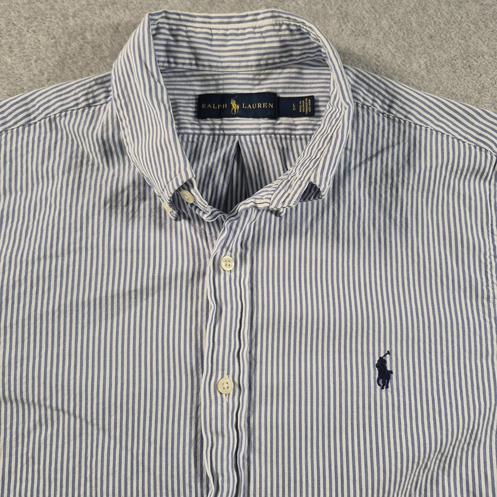 Ralph Lauren Shirt Blue Seersucker Bengal Striped Classic VTG Button Down Men L